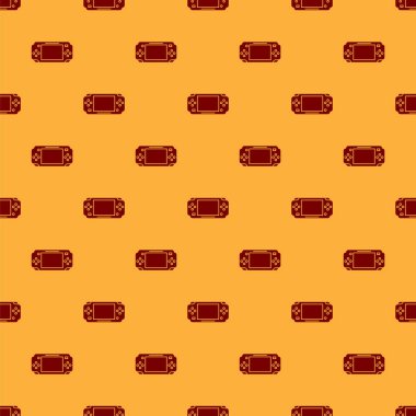 Kırmızı Taşınabilir oyun konsolu simgesi kahverengi arkaplanda izole edilmiş pürüzsüz desen. Av alanı tabelası. Oyun konsepti. Vektör İllüstrasyonu