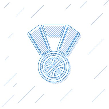 Beyaz arka planda izole edilmiş kurdele ikonu olan mavi çizgi basketbol madalyası. Vektör İllüstrasyonu