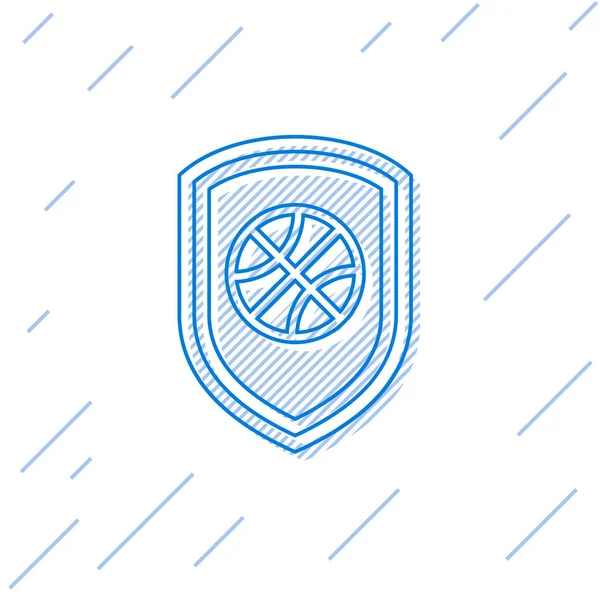 Escudo de línea azul en la pelota de baloncesto icono interior aislado sobre fondo blanco. Ilustración vectorial — Vector de stock