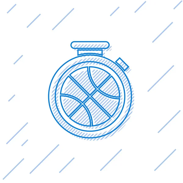 Niebieska linia Stopwatch z piłką do koszykówki wewnątrz ikony izolowane na białym tle. Czas na koszykówkę. Sport i trening. Ilustracja wektora — Wektor stockowy