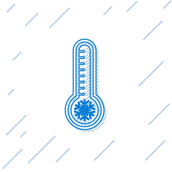 Linha azul Termômetro de meteorologia medindo calor e ícone frio isolado no fundo branco. Equipamento termômetro mostrando clima quente ou frio. Ilustração vetorial —  Vetores de Stock