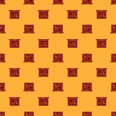 Kırmızı Akıllı tarım teknolojisi - çiftlik otomasyon sistemi simgesi kahverengi arka planda izole edilmiş pürüzsüz desen. Vektör İllüstrasyonu