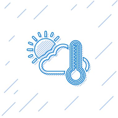 Mavi çizgi termometresi ve beyaz zemin üzerinde güneş ikonu olan bulut. Vektör İllüstrasyonu