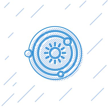 Mavi çizgi güneş sistemi simgesi beyaz arkaplanda izole edildi. Gezegenler yıldızın etrafında dönerler. Vektör İllüstrasyonu