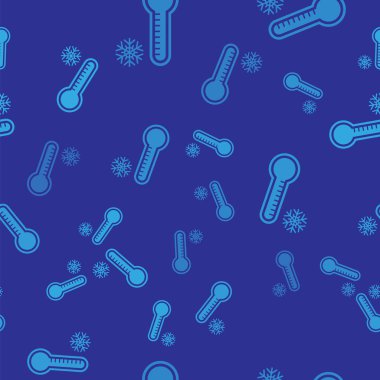 Mavi Meteoroloji termometresi ısıyı ve soğuk ikonu ölçüyor mavi arka planda izole edilmiş pürüzsüz desen. Termometre termometresi sıcak ya da soğuk hava gösteriyor. Vektör İllüstrasyonu