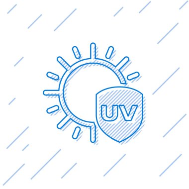 Mavi çizgi Uv koruma simgesi beyaz arkaplanda izole edildi. Güneş ve kalkan. Ultra menekşe ışınları radyasyon. Güneş ışığı işareti. Vektör İllüstrasyonu