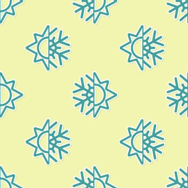 Yeşil Sıcak ve Soğuk sembolü. Güneş ve kar tanesi ikonu sarı arkaplanda izole edilmiş kusursuz desen. Kış ve yaz sembolü. Vektör İllüstrasyonu