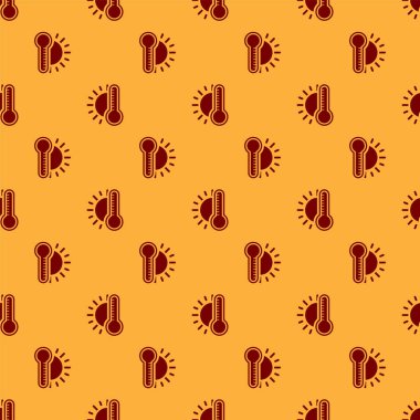 Güneş ikonlu kırmızı termometre kahverengi arka planda izole edilmiş. Vektör İllüstrasyonu