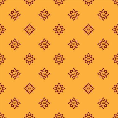 Kırmızı UV koruma simgesi kahverengi arka planda izole edilmiş pürüzsüz desen. Ultra menekşe ışınları radyasyon. Güneş ışığı işareti. Vektör İllüstrasyonu