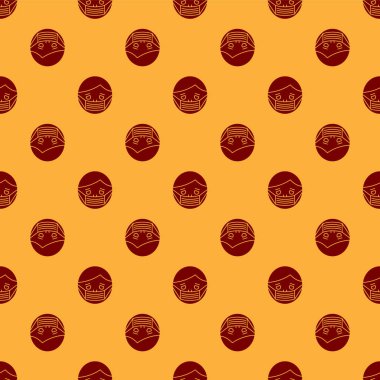 Kırmızı Adam 'ın yüzü tıbbi koruyucu maske ikonunda kahverengi arka planda izole edilmiş kusursuz desen. Karantinaya alın. Vektör İllüstrasyonu