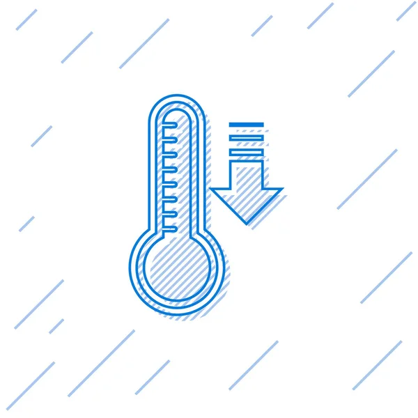 青い線白い背景に隔離された熱と冷たいアイコンを測定する気象温度計。高温または低温を示す温度計機器。ベクターイラスト — ストックベクタ