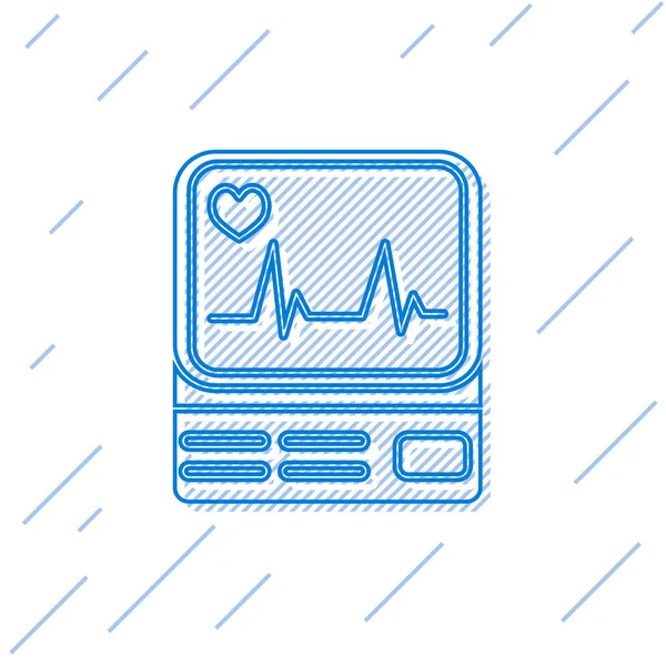 Linha azul Monitor de computador com ícone de cardiograma isolado em fundo branco. Ícone de monitoramento. Monitor de ECG com mão batida cardíaca desenhada. Ilustração vetorial — Vetor de Stock