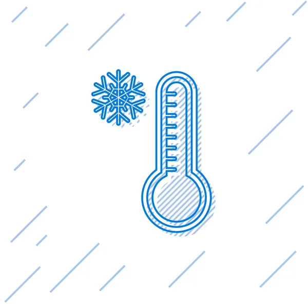 Linha azul Termômetro de meteorologia medindo calor e ícone frio isolado no fundo branco. Equipamento termômetro mostrando clima quente ou frio. Ilustração vetorial —  Vetores de Stock