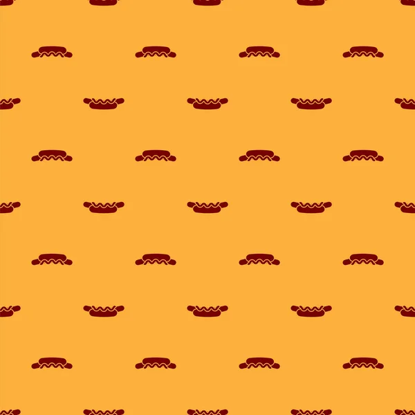 Rotes Hotdog-Sandwich mit Senf-Symbol isoliert nahtlose Muster auf braunem Hintergrund. Wurst Ikone. Fast-Food-Menü. Vektorillustration — Stockvektor