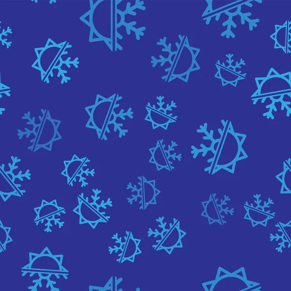 蓝色冷热符号。太阳和雪花图标在蓝色背景上隔离无缝图案。冬季和夏季的象征。矢量插图 — 图库矢量图片