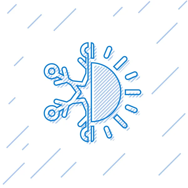 Línea azul Símbolo frío y caliente. Icono de sol y copo de nieve aislado sobre fondo blanco. Símbolo de invierno y verano. Ilustración vectorial — Archivo Imágenes Vectoriales