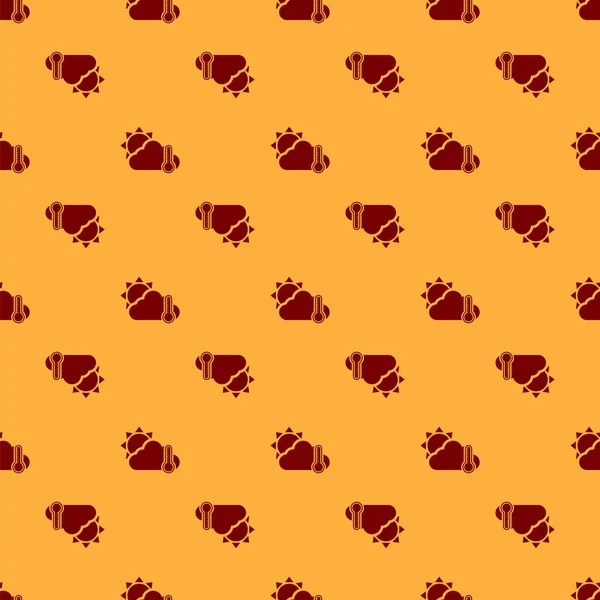 Termómetro rojo y nube con el icono del sol aislado patrón sin costura sobre fondo marrón. Ilustración vectorial — Archivo Imágenes Vectoriales