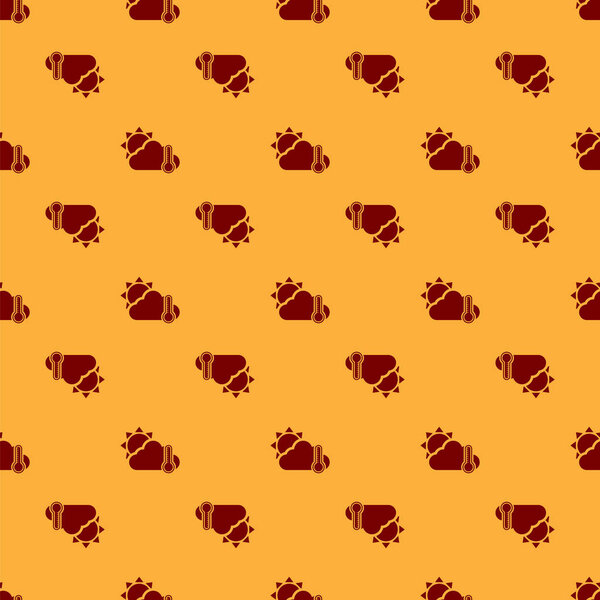 Красный термометр и облако с иконкой солнца изолированный бесшовный узор на коричневом фоне. Векторная миграция
