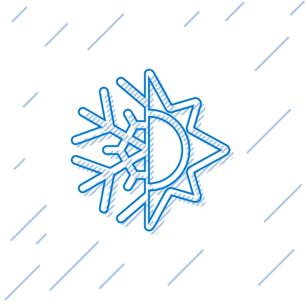 Ligne bleue Symbole chaud et froid. Icône soleil et flocon de neige isolée sur fond blanc. Symbole d'hiver et d'été. Illustration vectorielle — Image vectorielle