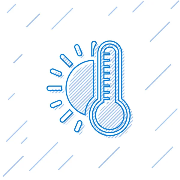 Blauwe lijn thermometer met zon pictogram geïsoleerd op witte achtergrond. Vector Illustratie — Stockvector