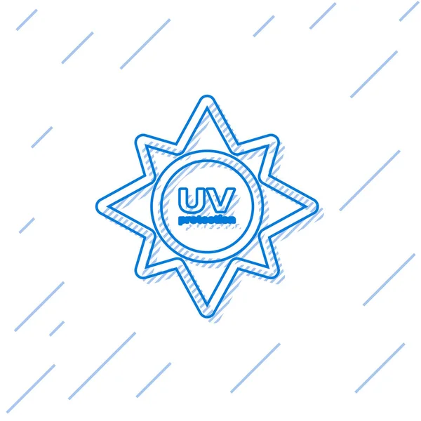 Icona di protezione UV blu linea isolata su sfondo bianco. Radiazioni ultraviolette. Segno solare SPF. Illustrazione vettoriale — Vettoriale Stock