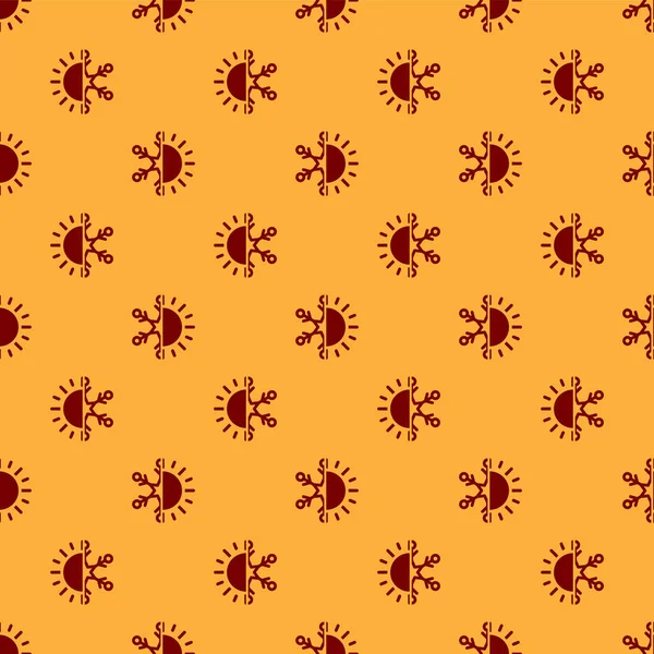 Röd varm och kall symbol. Sol och snöflinga ikon isolerad sömlös mönster på brun bakgrund. Vinter och sommar symbol. Vektor Illustration — Stock vektor