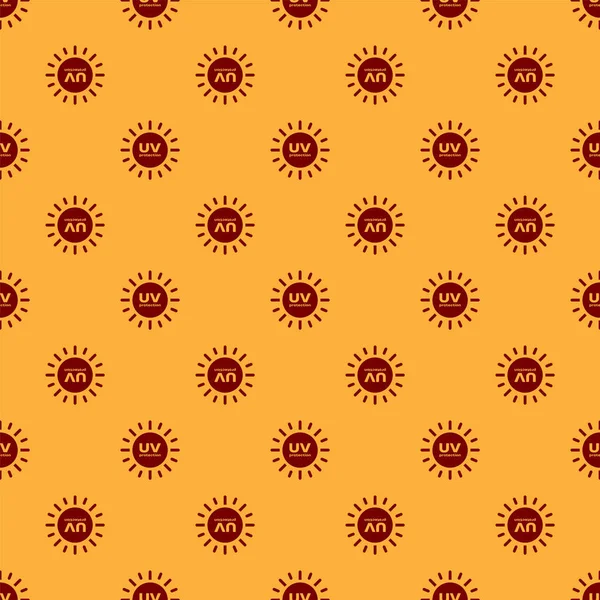 Icono de protección UV rojo aislado patrón sin costura sobre fondo marrón. Radiación ultravioleta. Señal solar SPF. Ilustración vectorial — Vector de stock