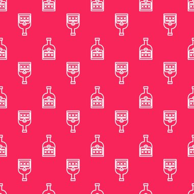 Beyaz çizgili Alkol, kırmızı arka planda izole edilmiş rom şişesi ikonu. Vektör İllüstrasyonu