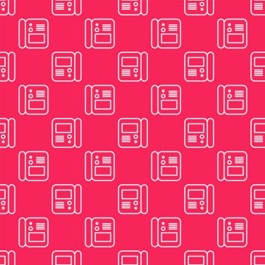 Beyaz çizgi House dahili iletişim sistemi simgesi kırmızı arkaplanda izole edilmiş. Vektör İllüstrasyonu