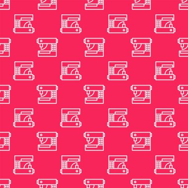 Kırmızı arkaplanda beyaz çizgi dikiş makinesi simgesi izole edilmiş. Vektör İllüstrasyonu