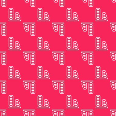 Beyaz çizgili araba gazı ve fren pedalları ikonu kırmızı arka planda izole edilmiş. Vektör İllüstrasyonu