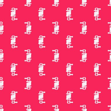 Beyaz çizgi amortisör simgesi kırmızı arkaplanda izole edilmiş pürüzsüz desen. Vektör İllüstrasyonu