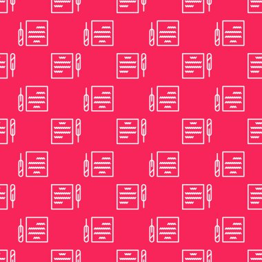 Beyaz çizgi Tüy kalem ve kağıt kaydırma simgesi kırmızı arkaplanda izole edilmiş pürüzsüz desen. Vektör İllüstrasyonu