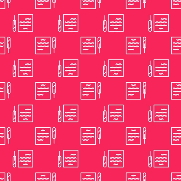 Beyaz çizgi Tüy kalem ve kağıt kaydırma simgesi kırmızı arkaplanda izole edilmiş pürüzsüz desen. Vektör İllüstrasyonu