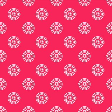 Beyaz çizgi güneş sistemi simgesi kırmızı arkaplanda izole edilmiş. Gezegenler yıldızın etrafında dönerler. Vektör İllüstrasyonu