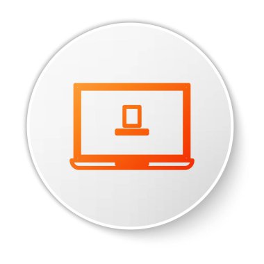 Beyaz arkaplanda turuncu çizgi dizüstü simgesi izole edildi. Boş ekran işaretli bilgisayar defteri. Beyaz daire düğmesi. Vektör İllüstrasyonu