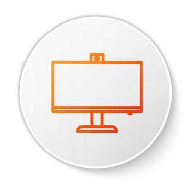 Turuncu çizgi bilgisayar monitörü simgesi beyaz arkaplanda izole edildi. Bilgisayar bileşeni işareti. Beyaz daire düğmesi. Vektör İllüstrasyonu