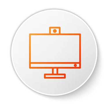 Turuncu çizgi bilgisayar monitörü simgesi beyaz arkaplanda izole edildi. Bilgisayar bileşeni işareti. Beyaz daire düğmesi. Vektör İllüstrasyonu