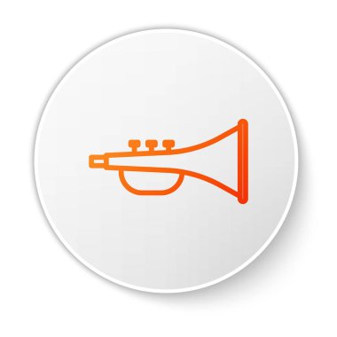 Turuncu çizgili müzik aleti trompet ikonu beyaz arka planda izole edilmiş. Beyaz daire düğmesi. Vektör İllüstrasyonu