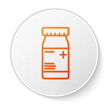 Turuncu çizgi ilaç şişesi ve beyaz arka planda izole edilmiş hap ikonu. Şişe hapı işareti. Eczane tasarımı. Beyaz daire düğmesi. Vektör İllüstrasyonu