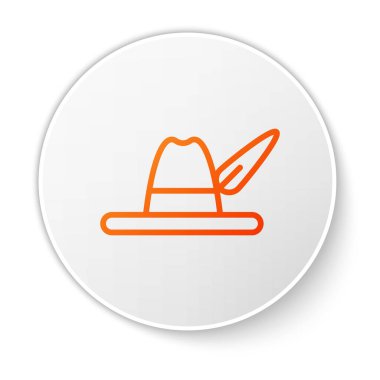 Turuncu çizgi Oktoberfest şapka simgesi beyaz arkaplanda izole edildi. Tüylü avcı şapkası. Alman şapkası. Beyaz daire düğmesi. Vektör İllüstrasyonu