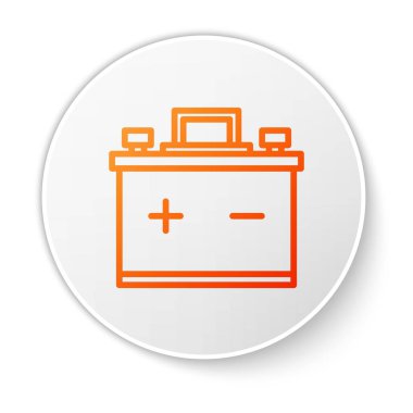 Beyaz arka planda turuncu çizgili araba aküsü ikonu var. Akümülatör bataryası enerji ve elektrik akümülatörü bataryası. Beyaz daire düğmesi. Vektör İllüstrasyonu