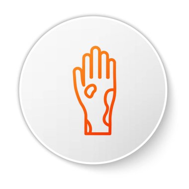 Beyaz arka planda sedef veya egzama ikonu olan turuncu çizgili El. Alerjene veya kronik vücut sorununa karşı insan derisi tepkisi kavramı. Beyaz daire düğmesi. Vektör İllüstrasyonu