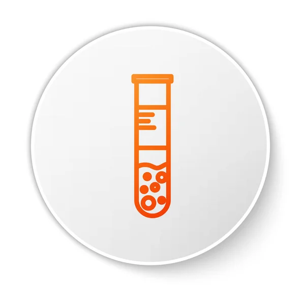 Línea naranja Tubo de ensayo y frasco químico icono de prueba de laboratorio aislado sobre fondo blanco. Signo de cristalería del laboratorio. Botón círculo blanco. Ilustración vectorial — Archivo Imágenes Vectoriales