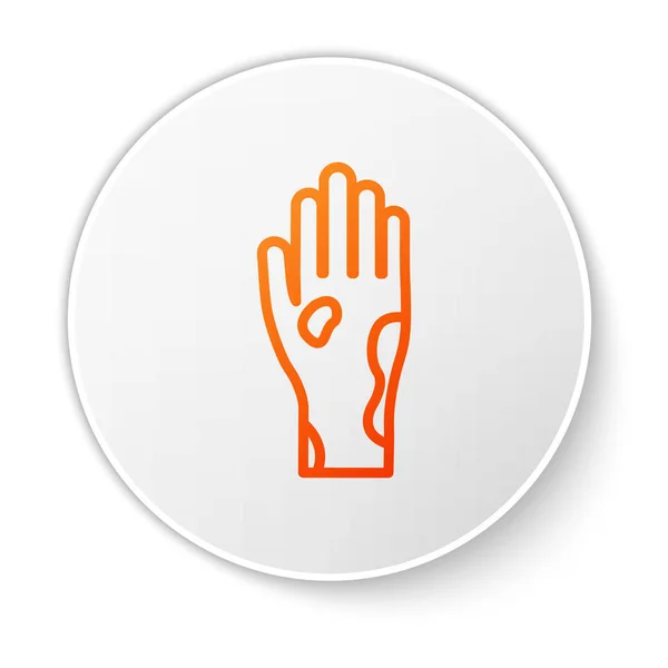 オレンジ色のライン白い背景に隔離された乾癬または湿疹のアイコンを持つ手。アレルゲンや慢性的な体の問題に対する人間の皮膚応答の概念.白い丸ボタン。ベクターイラスト — ストックベクタ