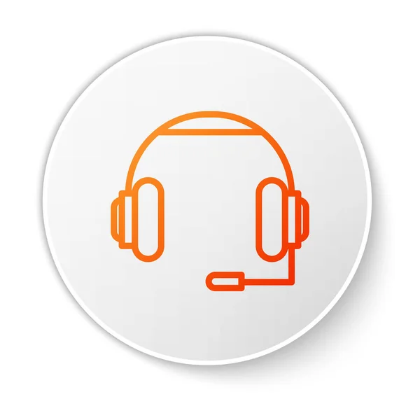 Oranje lijn Koptelefoon pictogram geïsoleerd op witte achtergrond. Oortelefoons. Concept voor het luisteren naar muziek, service, communicatie en operator. Witte cirkel knop. Vector Illustratie — Stockvector