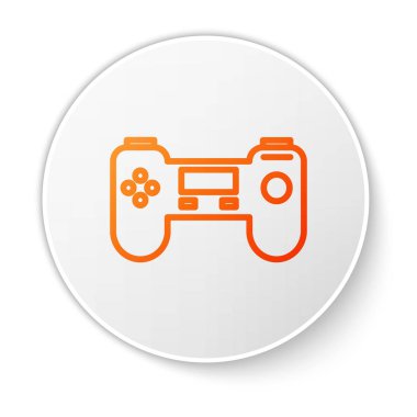 Turuncu çizgi Gamepad simgesi beyaz arkaplanda izole edildi. Oyun kontrolörü. Beyaz daire düğmesi. Vektör İllüstrasyonu