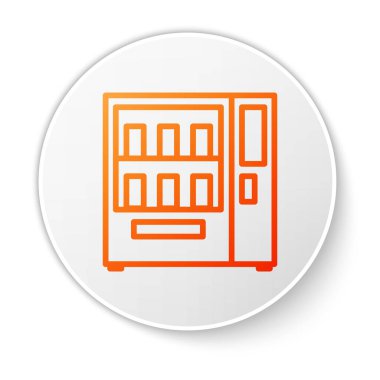 Beyaz arka planda izole edilmiş turuncu çizgili yiyecek ve içecek otomatikman satış ikonu. Beyaz daire düğmesi. Vektör İllüstrasyonu