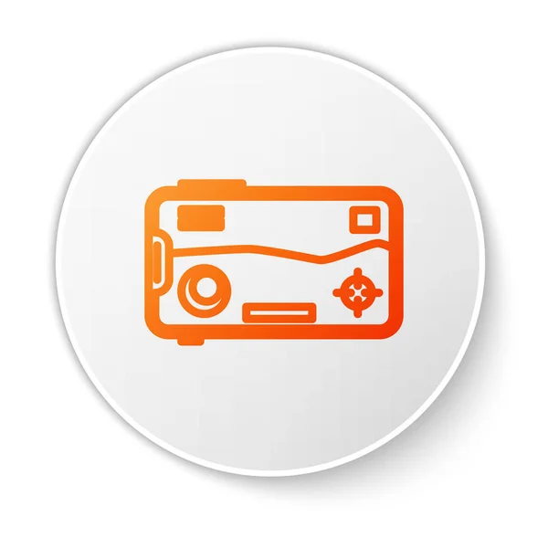Línea naranja Smartphone y jugar en el icono del juego aislado sobre fondo blanco. Concepto de juego móvil. Botón círculo blanco. Ilustración vectorial — Vector de stock