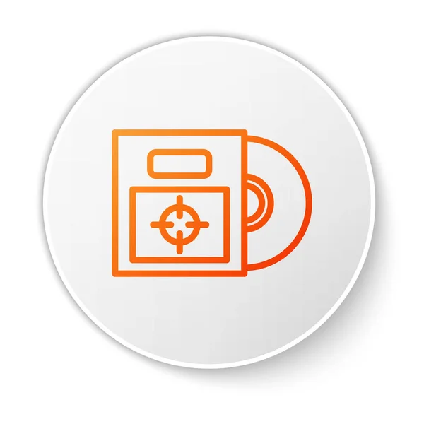 Orange line CD or DVD disk in box icon isolated on white background. Compact disc sign. White circle button. Vector Illustration — Stock Vector